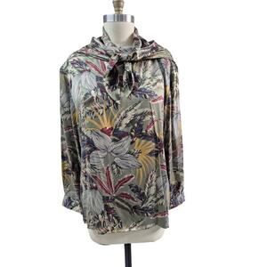 DONCASTER Silks 100% Silk Blouse w/ Detachable scarf Tropical Green Print Sz 16